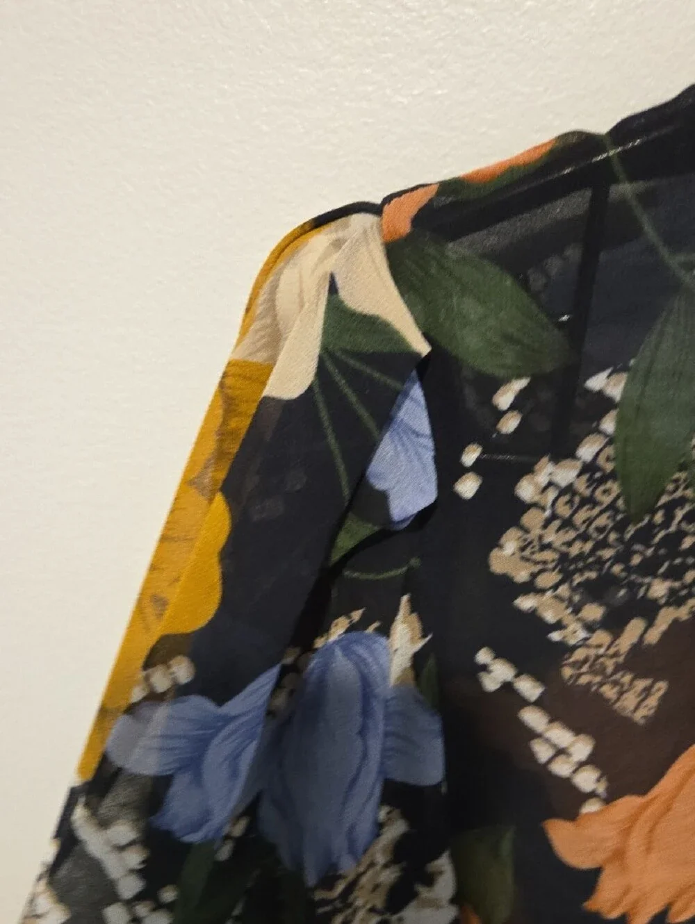 Cabi Black Floral V-Neck Blouse with Mustard & Blue Accents - Picture 3 of 11